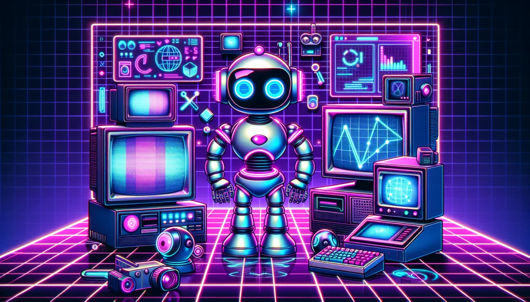Retro-futuristic illustration featuring friendly robots and 80s synthwave computer aesthetics