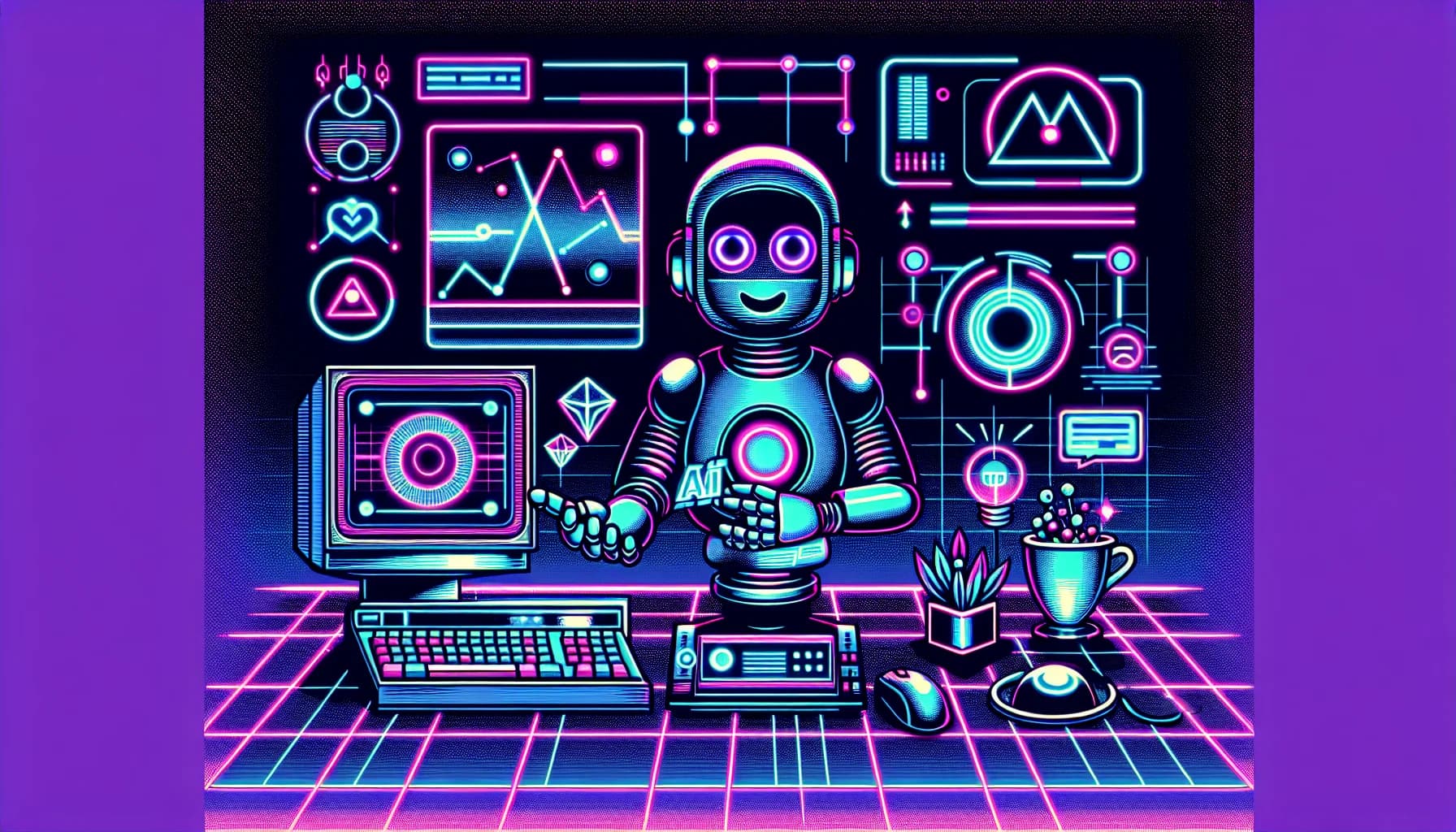 Retro-futuristic illustration for DIY vs Hiring vs AI: The 3 Ways to Launch Your Startup Compared - featuring friendly robots and 80s synthwave computer aesthetics