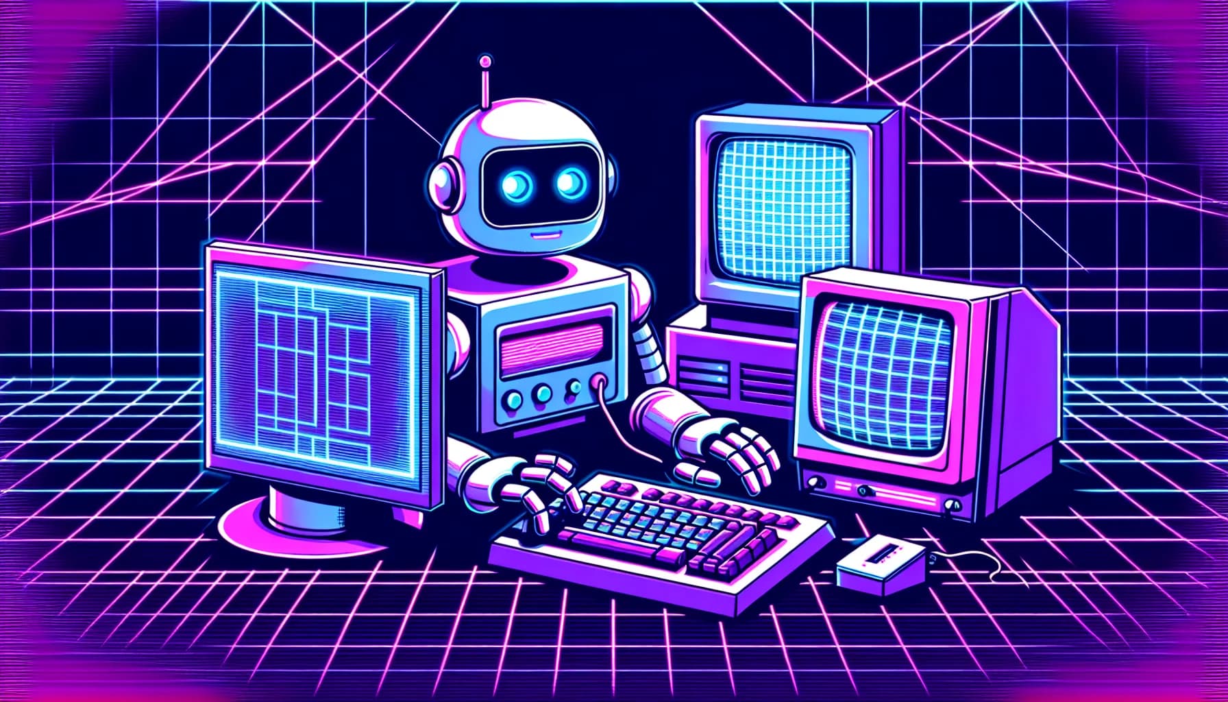 Retro-futuristic illustration featuring friendly robots and 80s synthwave computer aesthetics
