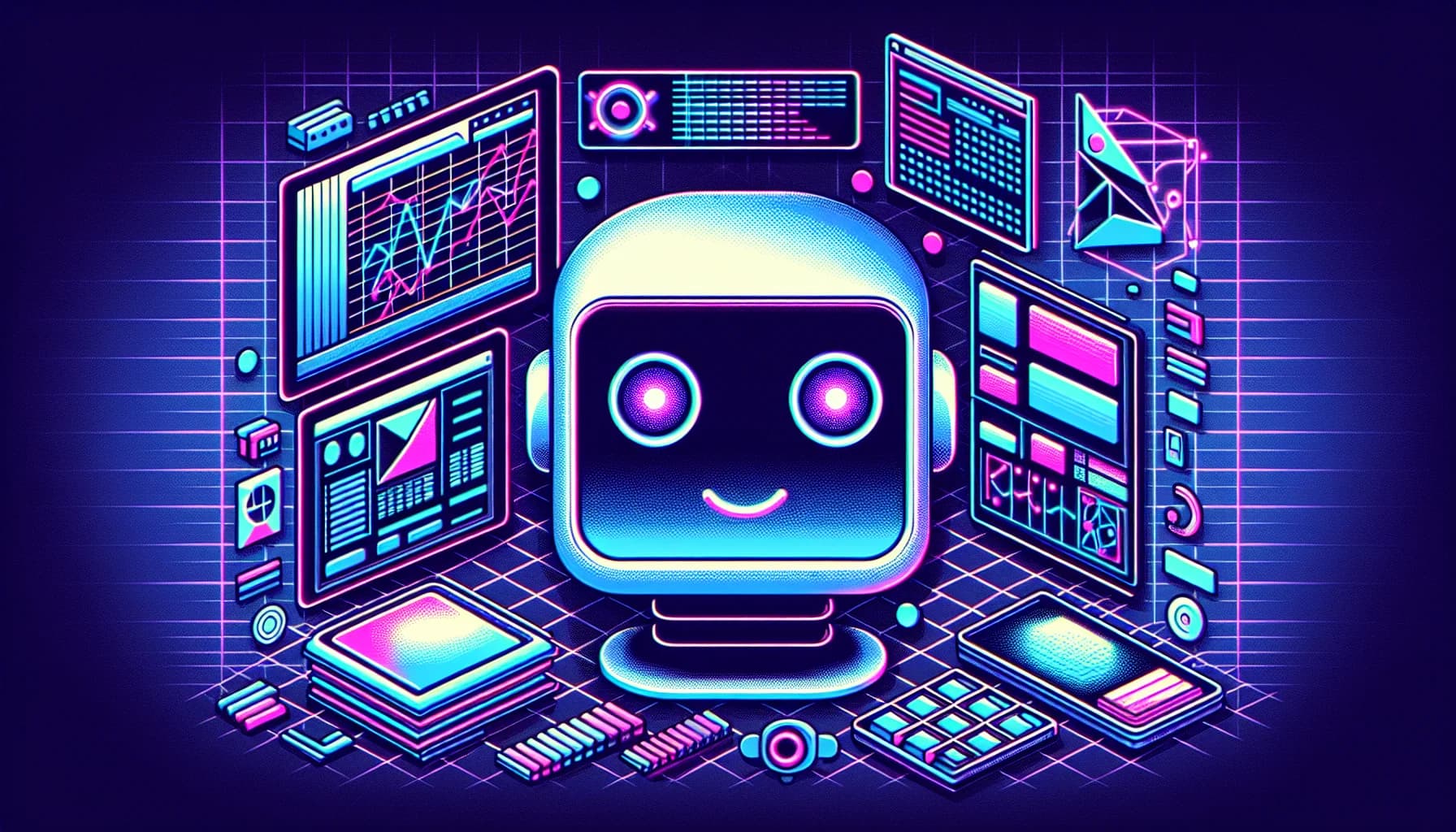 Retro-futuristic illustration for Google Ads for Startups: How to Spend Your First 500 Dollars Wisely - featuring friendly robots and 80s synthwave computer aesthetics