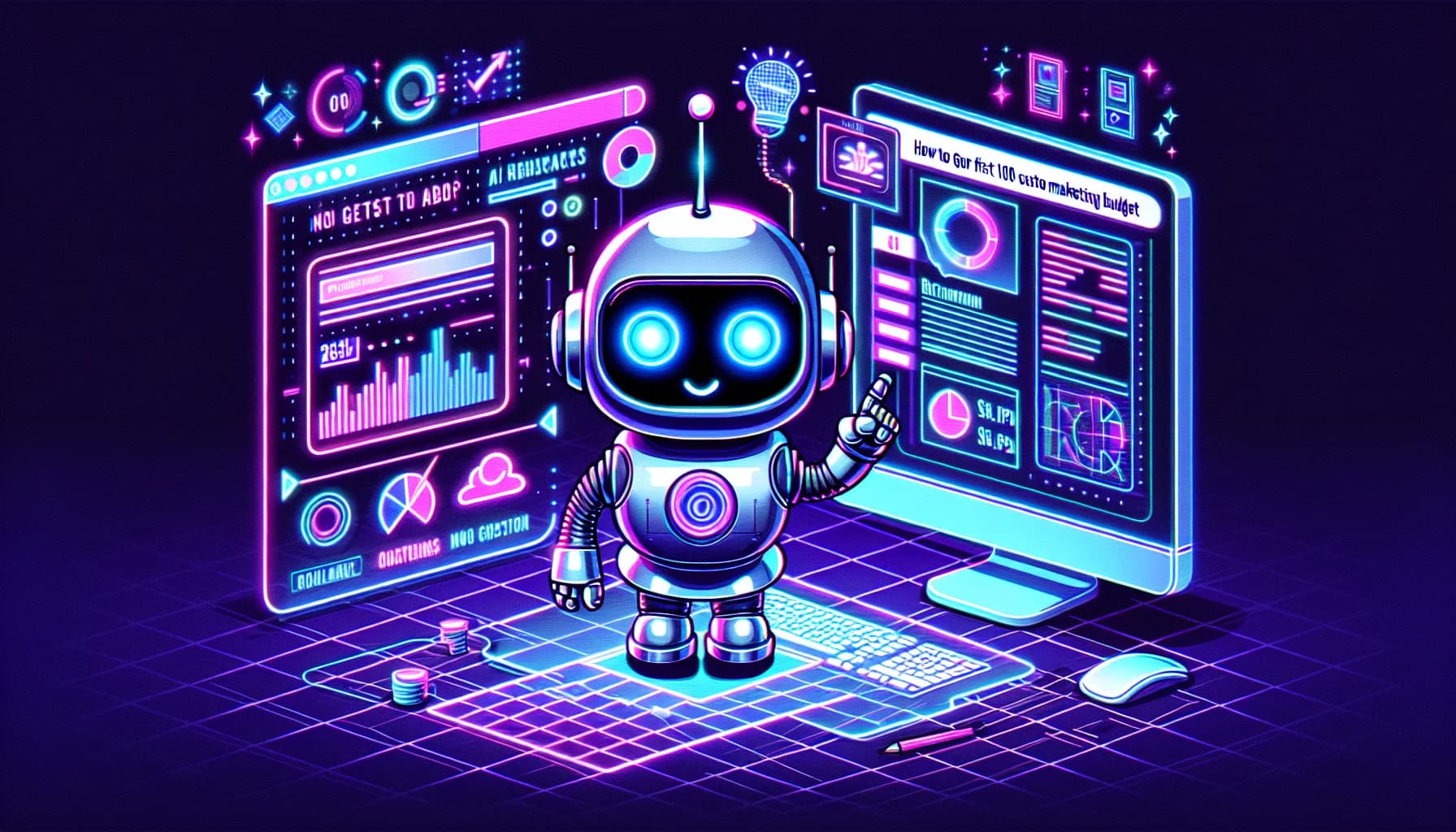 Retro-futuristic illustration for How to Get Your First 100 Customers With Zero Marketing Budget - featuring friendly robots and 80s synthwave computer aesthetics