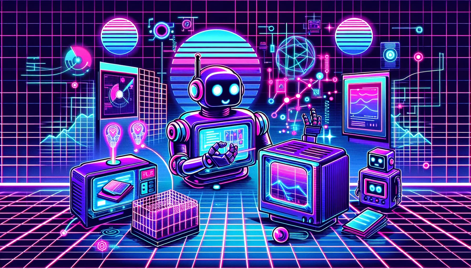 Retro-futuristic illustration featuring friendly robots and 80s synthwave computer aesthetics