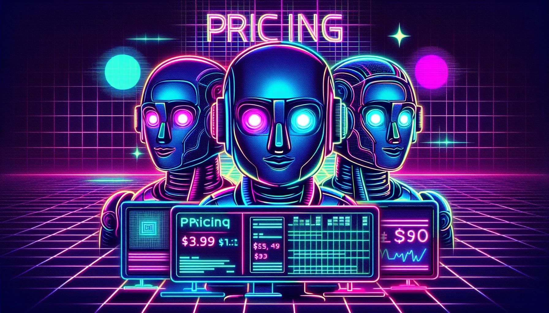 Retro-futuristic illustration for How to Price Your SaaS: The Psychology of Pricing for Solo Founders - featuring friendly robots and 80s synthwave computer aesthetics