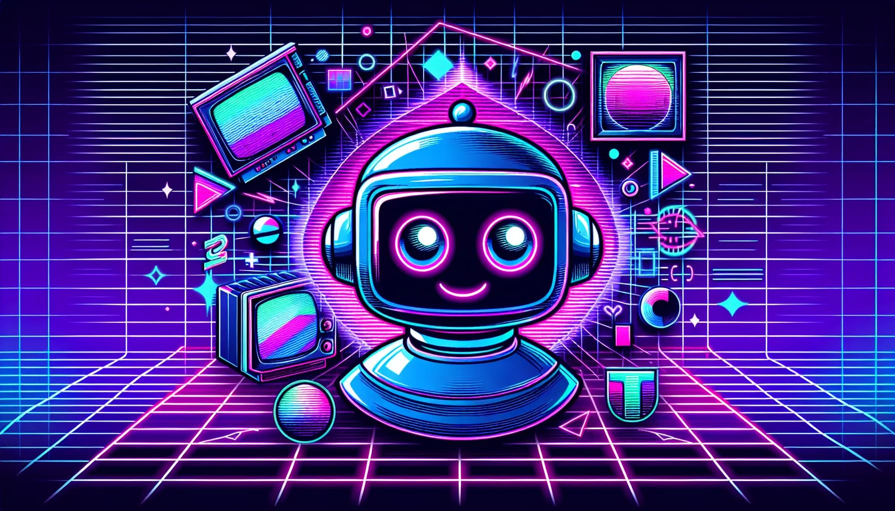 Retro-futuristic illustration featuring friendly robots and 80s synthwave computer aesthetics