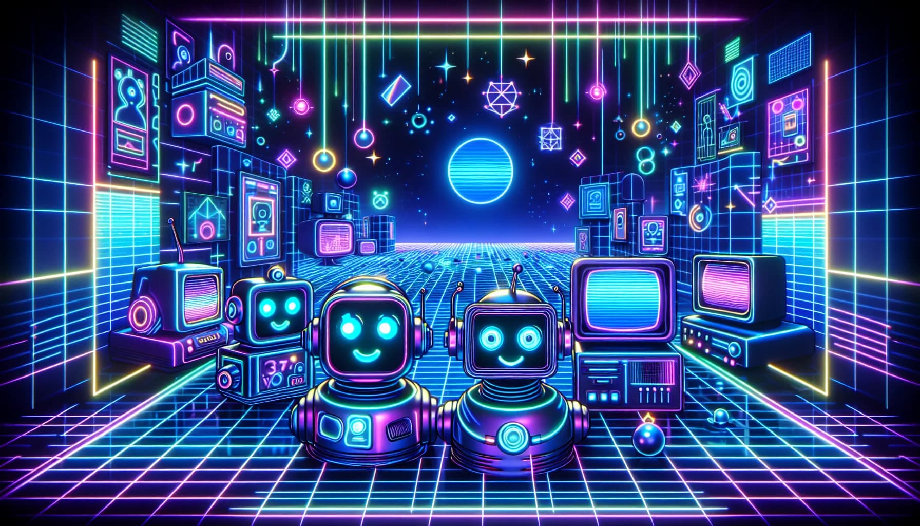 Retro-futuristic illustration for How to Write a Value Proposition That Actually Works - featuring friendly robots and 80s synthwave computer aesthetics