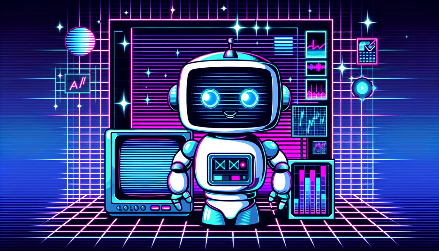 Retro-futuristic illustration for How to Write Copy That Sells When You - featuring friendly robots and 80s synthwave computer aesthetics