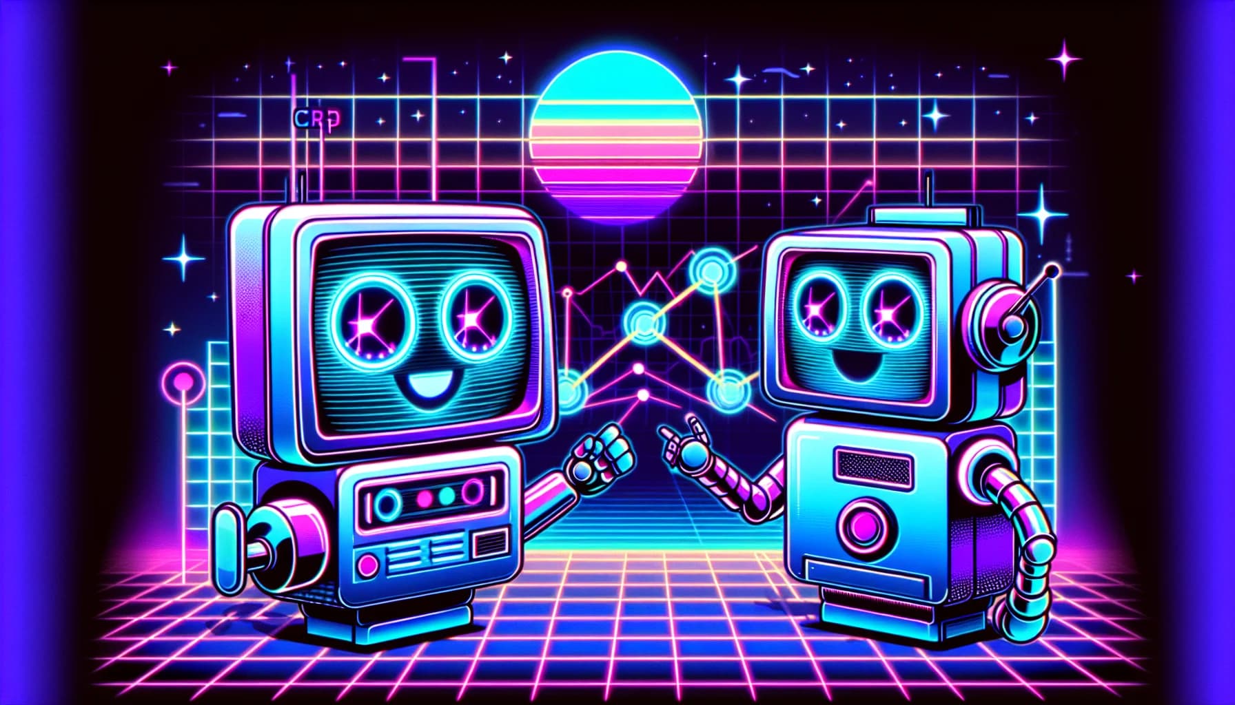 Retro-futuristic illustration for I Built an App - Now What? The Post-Launch Survival Guide - featuring friendly robots and 80s synthwave computer aesthetics