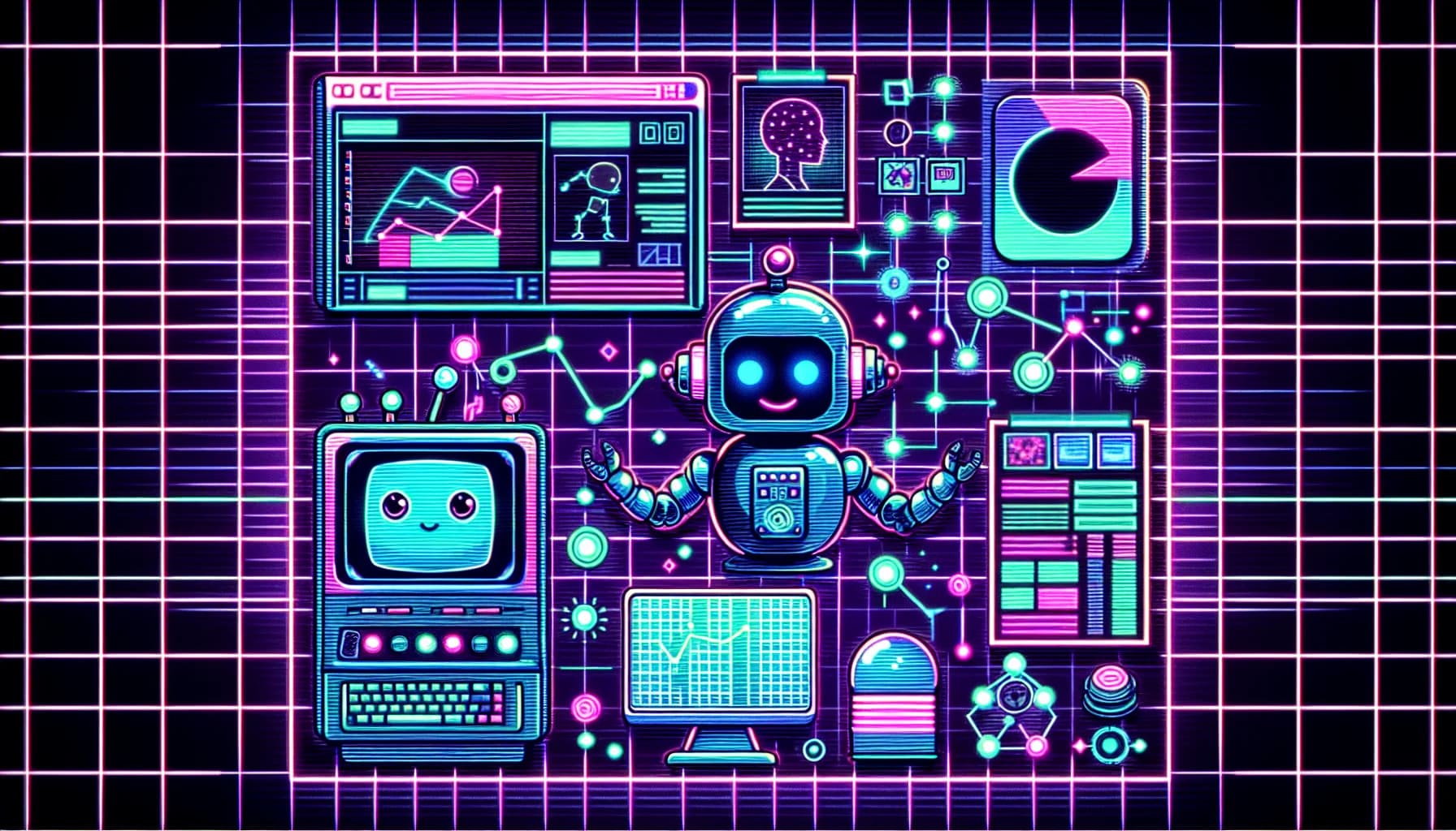 Retro-futuristic illustration featuring friendly robots and 80s synthwave computer aesthetics