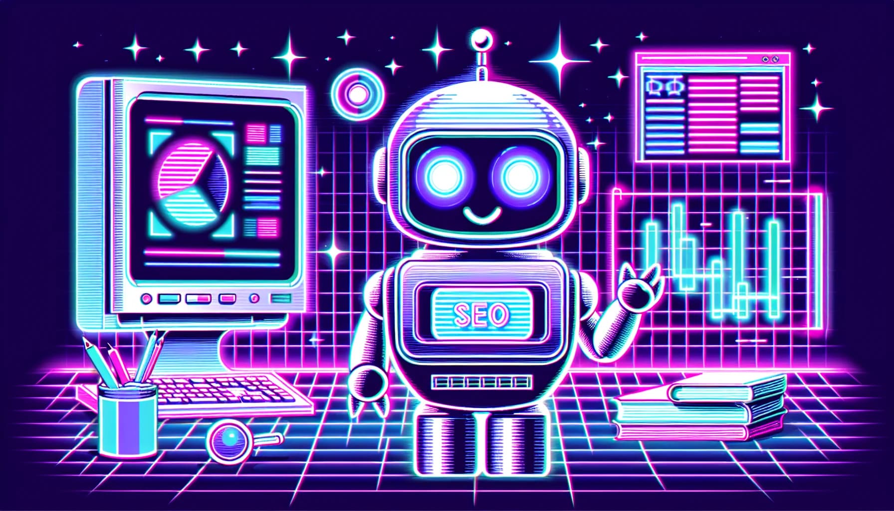 Retro-futuristic illustration for SEO for Startups: How to Rank on Google With Zero Domain Authority - featuring friendly robots and 80s synthwave computer aesthetics
