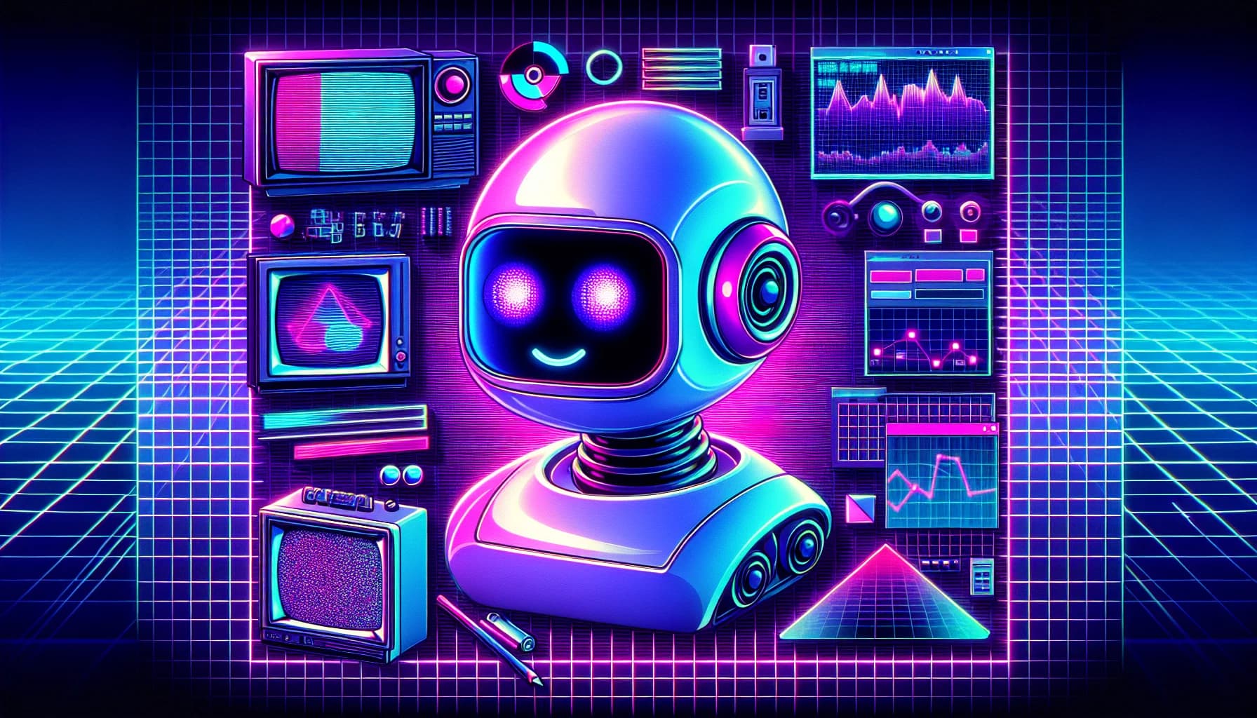 Retro-futuristic illustration featuring friendly robots and 80s synthwave computer aesthetics