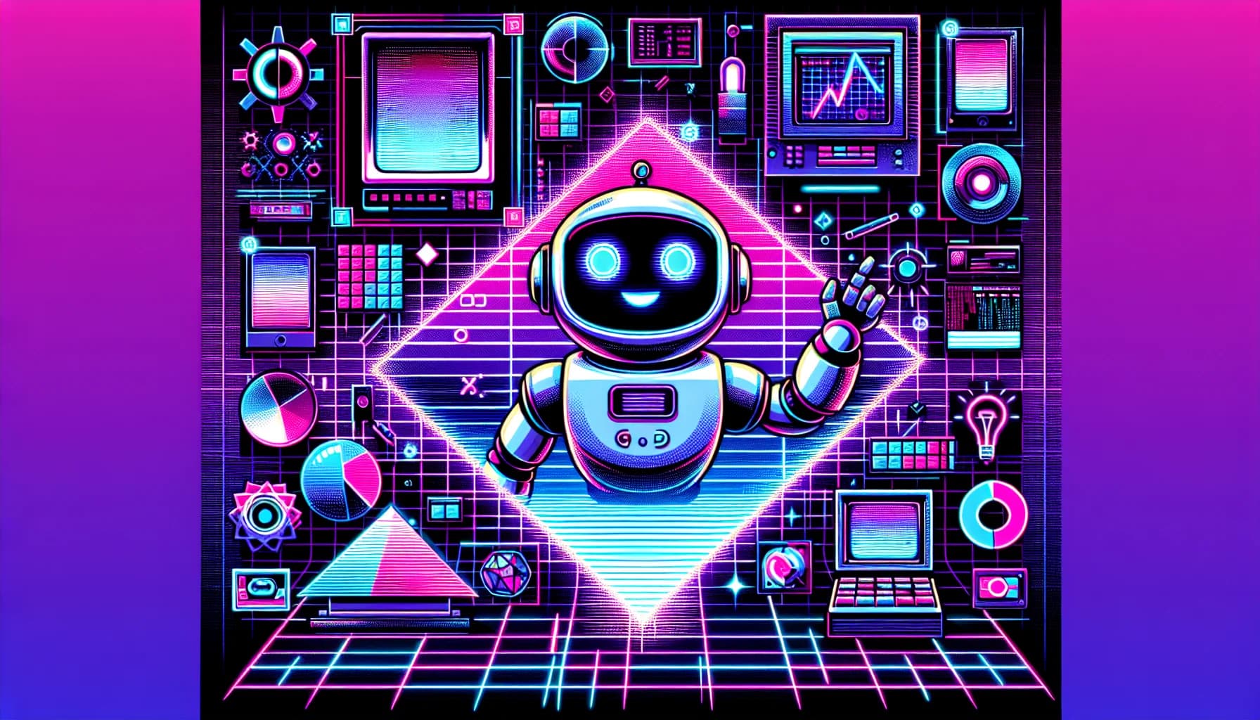 Retro-futuristic illustration featuring friendly robots and 80s synthwave computer aesthetics