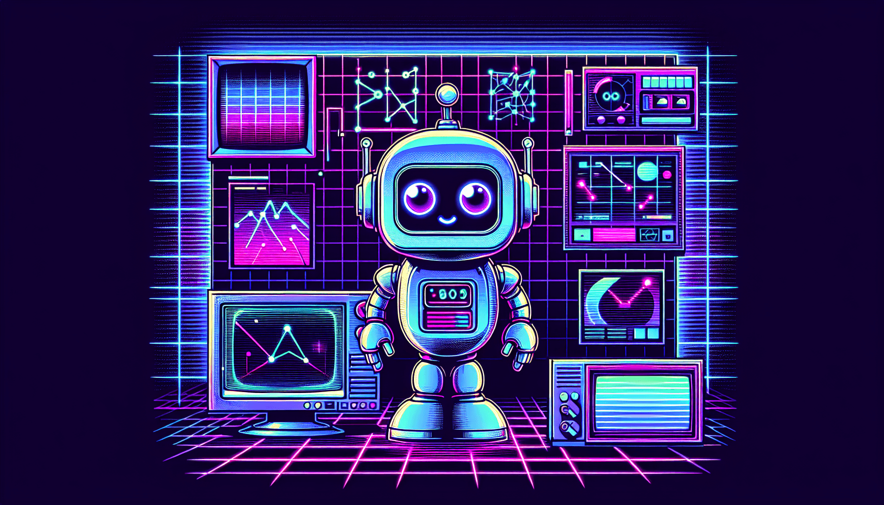 Retro-futuristic illustration for The MVP Trap - featuring friendly robots and 80s synthwave computer aesthetics
