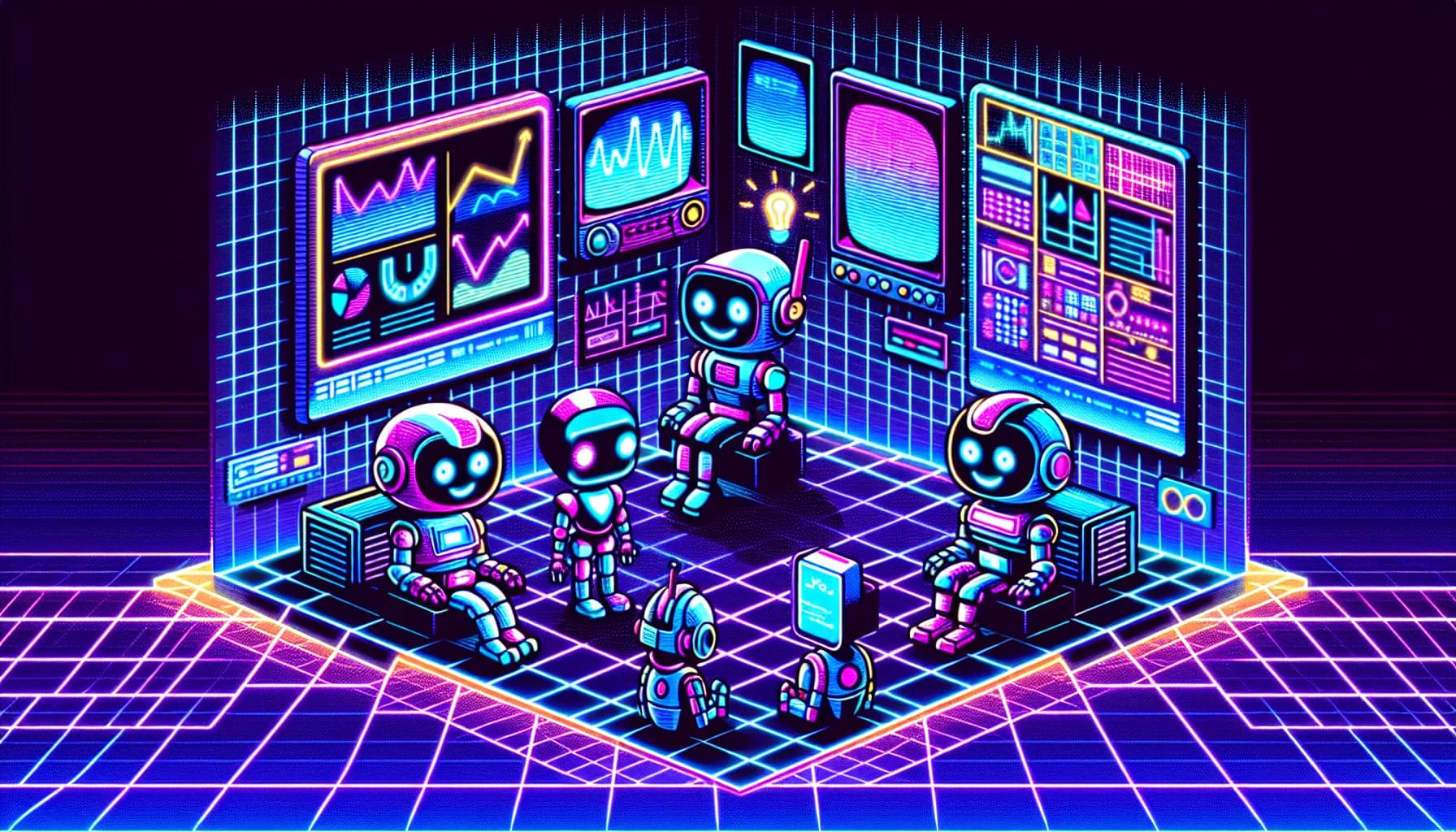 Retro-futuristic illustration for The Solo Founder - featuring friendly robots and 80s synthwave computer aesthetics