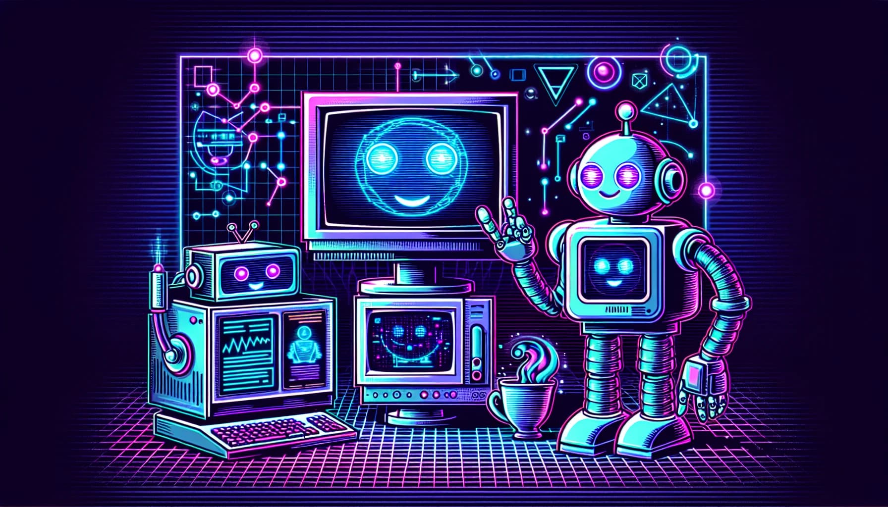 Retro-futuristic illustration for The True Cost of Launching a Startup in 2026: A Complete Breakdown - featuring friendly robots and 80s synthwave computer aesthetics