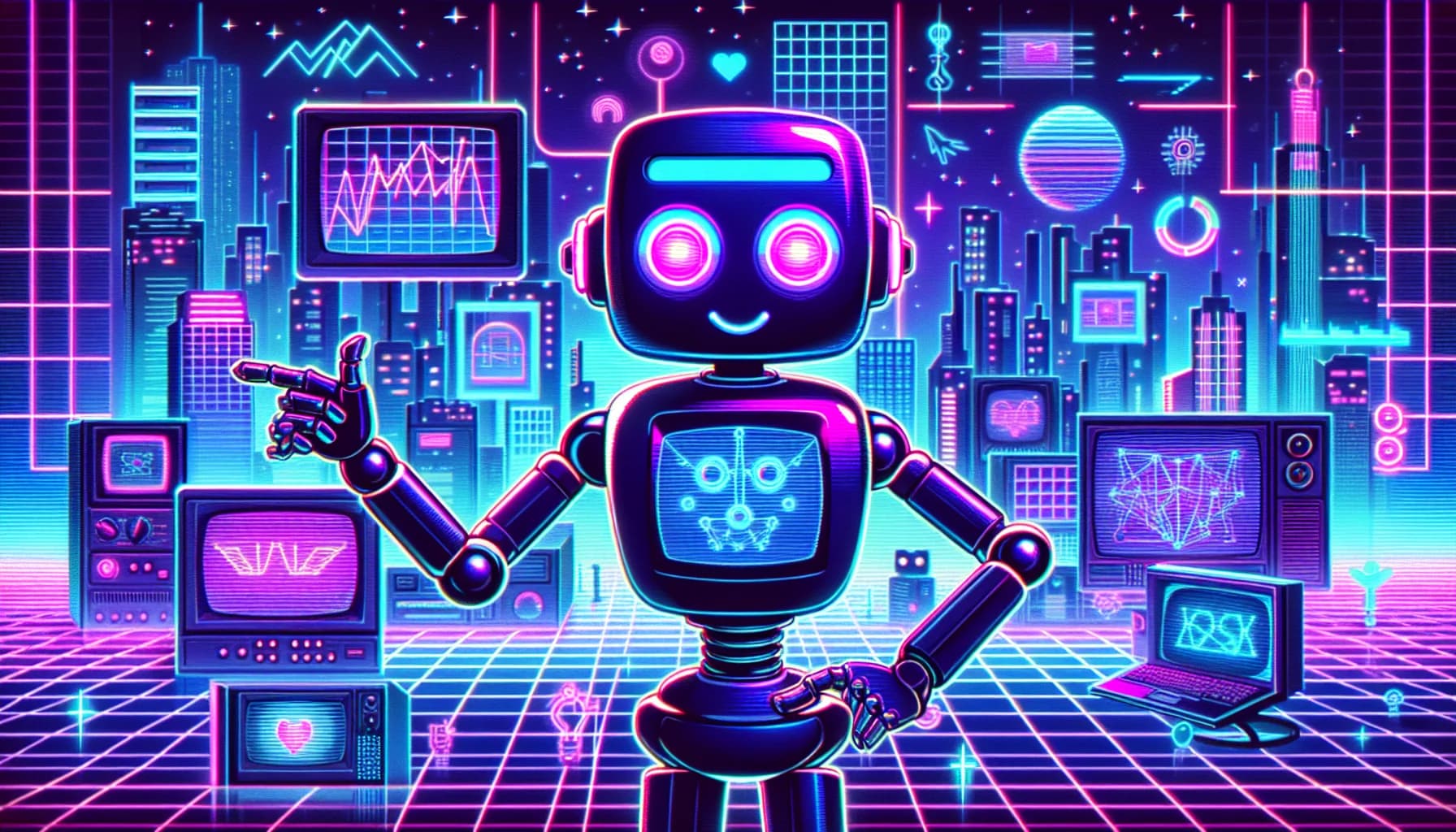 Retro-futuristic illustration featuring friendly robots and 80s synthwave computer aesthetics