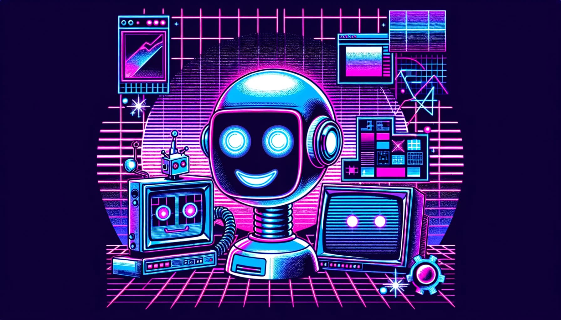 Retro-futuristic illustration for Why 90 Percent of No-Code Apps Fail And How to Be the 10 Percent - featuring friendly robots and 80s synthwave computer aesthetics