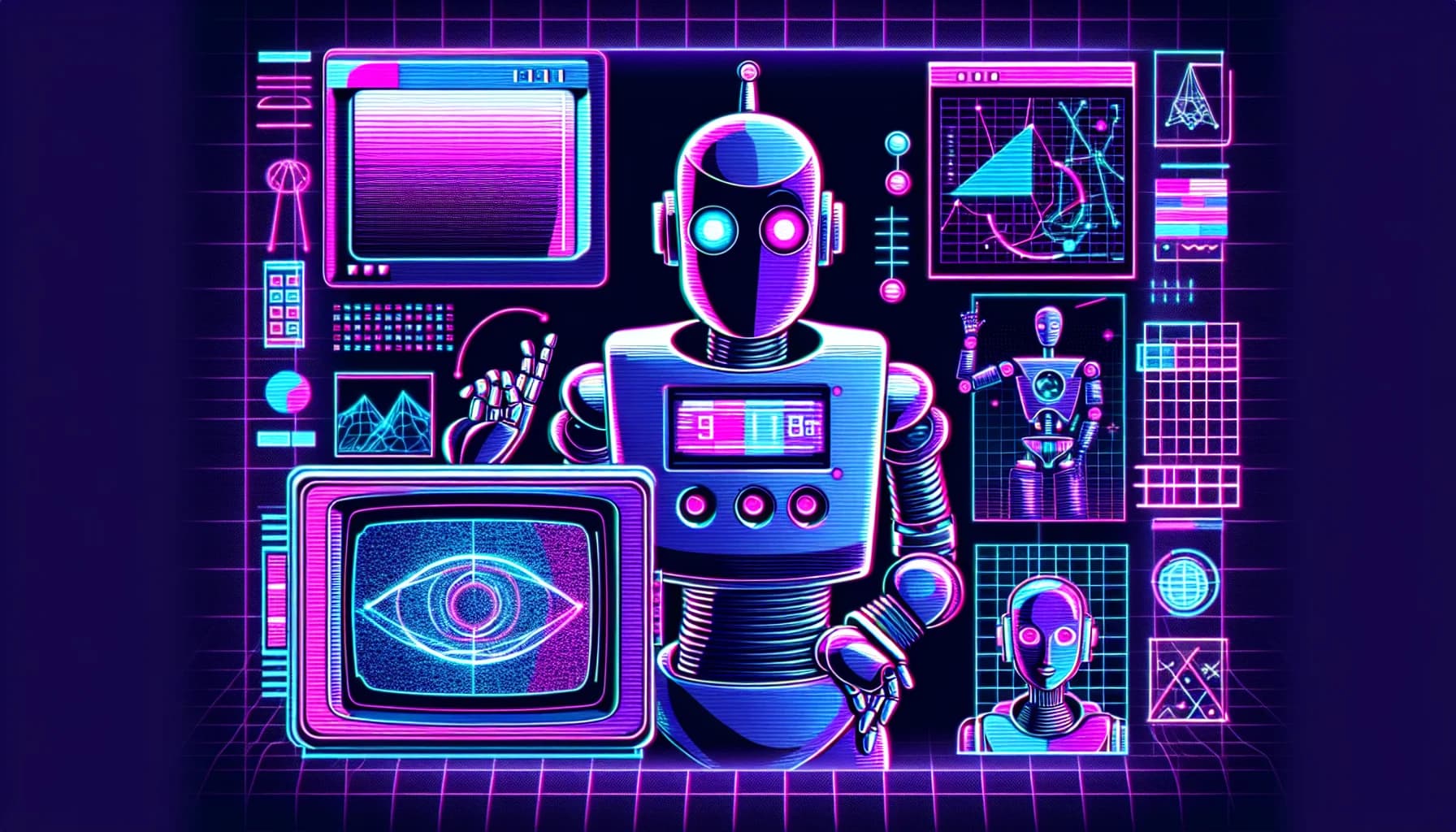 Retro-futuristic illustration for Email Marketing for Startups: Build a List That Converts From Day One - featuring friendly robots and 80s synthwave computer aesthetics