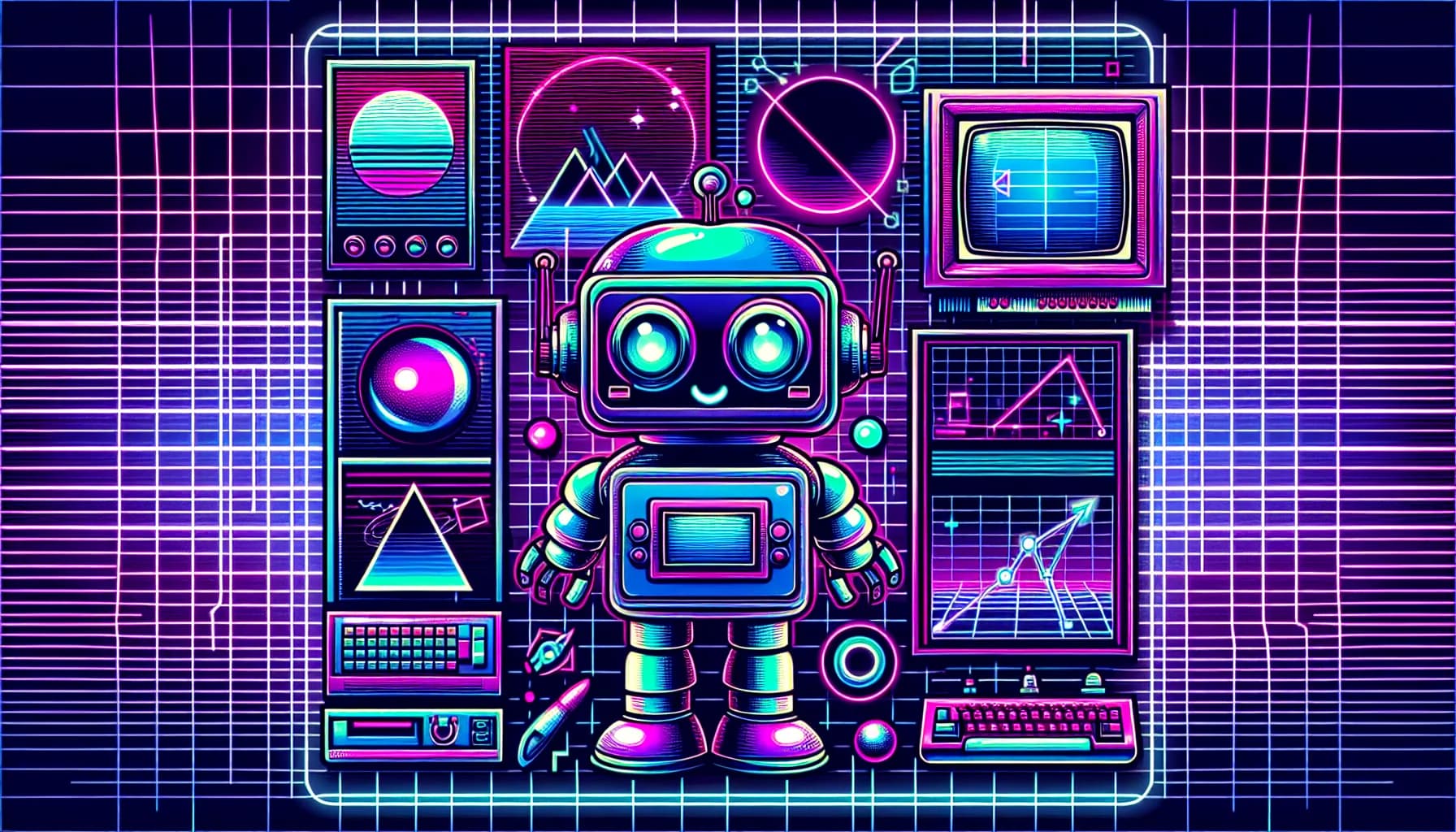 Retro-futuristic illustration featuring friendly robots and 80s synthwave computer aesthetics
